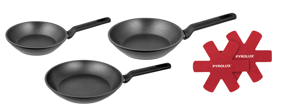 3 Piece Set - 20, 24, 28cm Fry Pans, 2 Pan Protectors