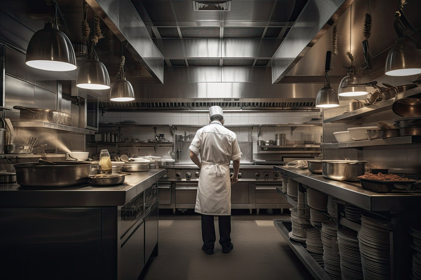 chef in fully equiped commercial kitchen