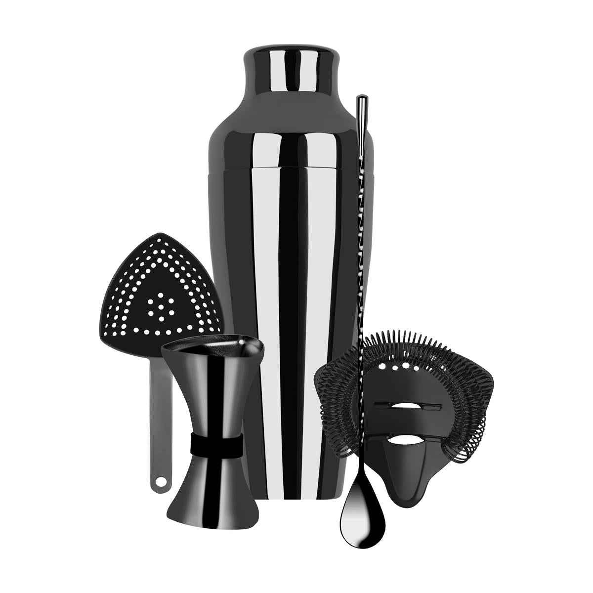 Zanzi Cocktail Set W/2Pc Shaker Gun Metal 5Pc