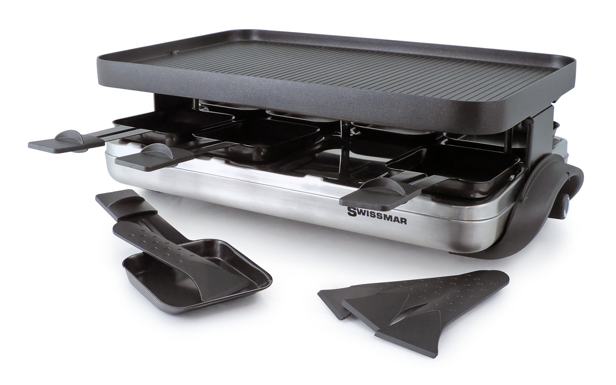 Valais 8 Person Raclette Party Grill w/Reversible Grill Plate - Stain/Steel Base
