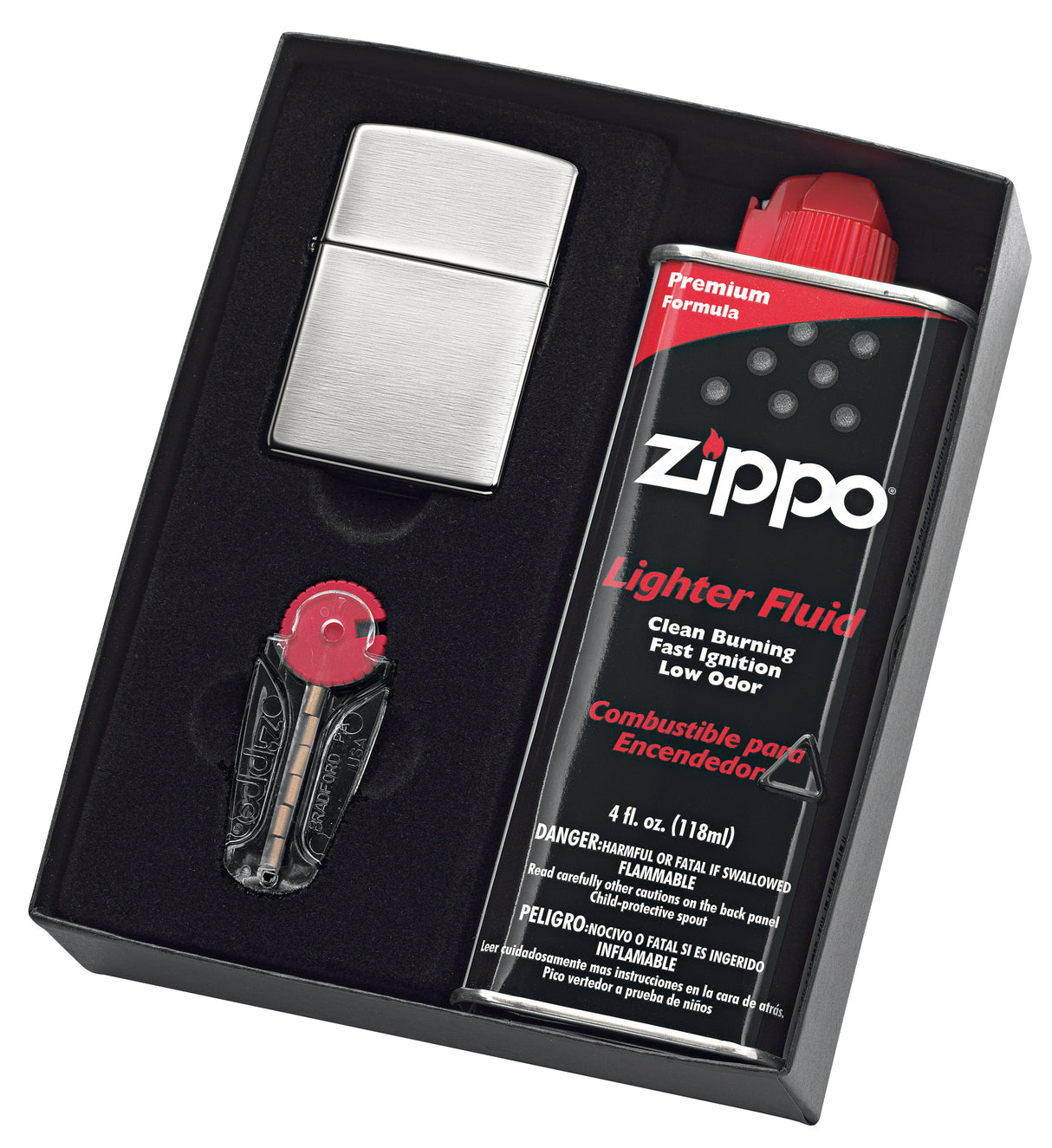 90200GP - Zippo Brushed Chrome Lighter with Fluid and Flints