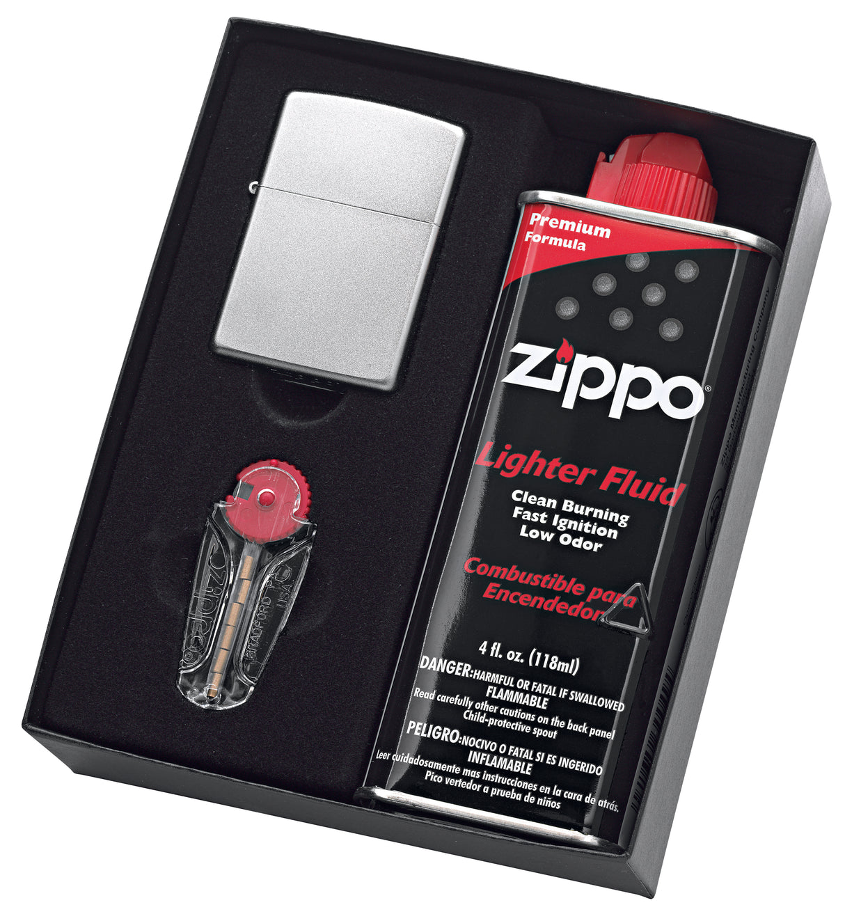90207GP - Zippo Satin Chrome Lighter with Fluid and Flints