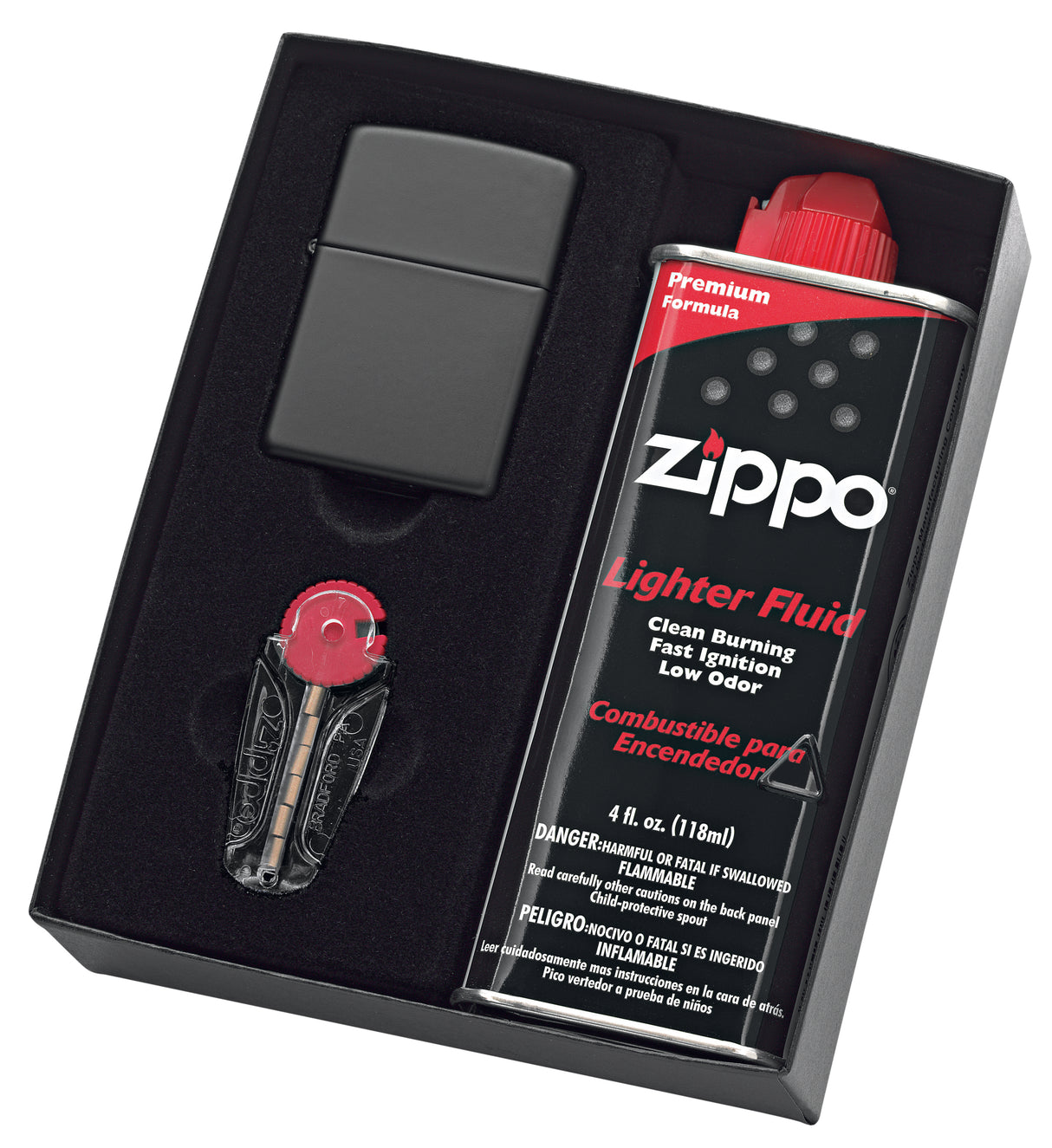 90218GP - Zippo Black Matte Lighter with Fluid and Flints