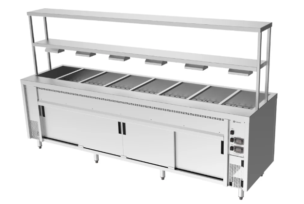 Culinaire CH.BMH.I.GDB.8 Island Bain Marie Hot Cupboard 8 Module with Double Gantry and Heat Lamps to Bottom Shelf Bain Marie