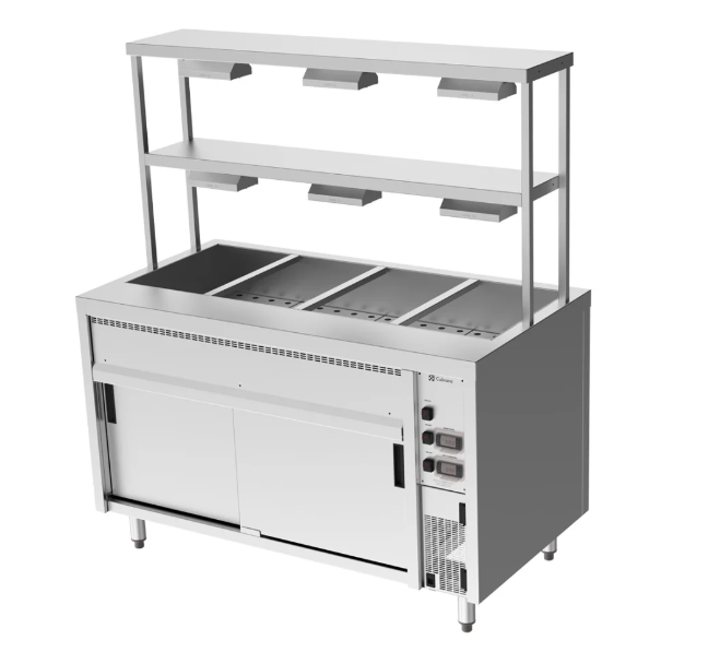 Culinaire CH.BMH.I.GDD.4 Island Bain Marie 4 Module with Double Gantry and Heat Lamps to Bottom Shelf Bain Marie