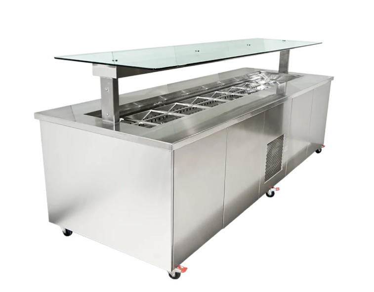 Culinaire CR.IBSS.CWCF.U.GSF.4 4 Bay S/S Top & Panels Flat Glass Gantry Mobile Refrigerated Island Buffet Fridge