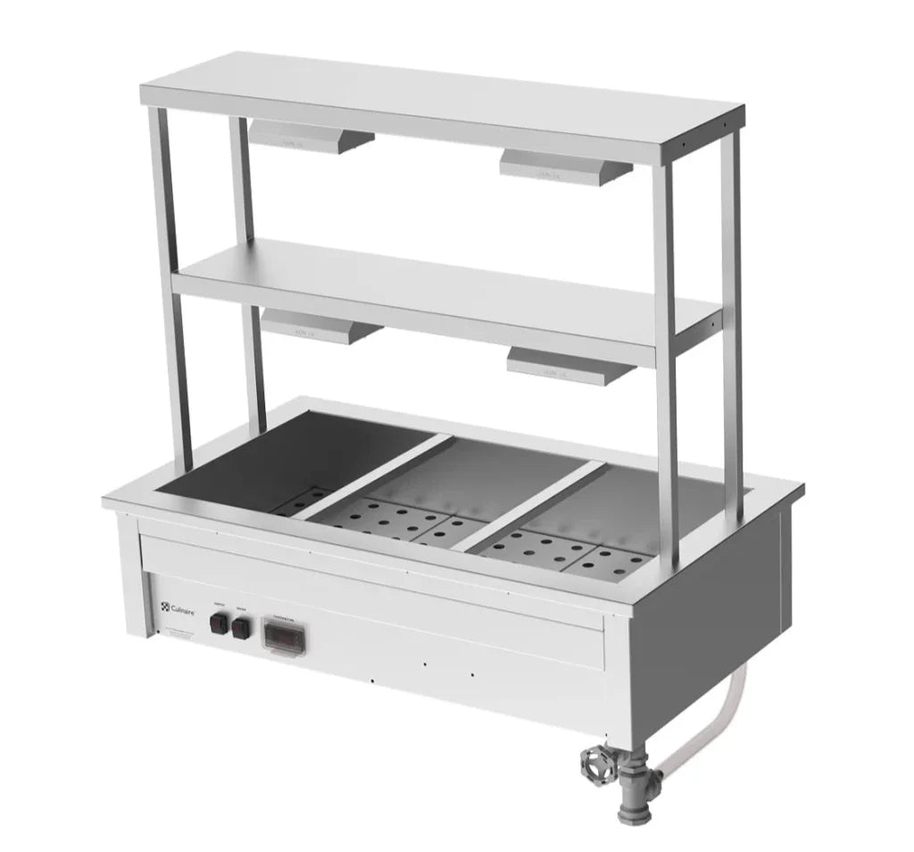 Culinaire CH.BM.D.GDD.3 3 Modules Commercial Bain Marie Benchtop with Double Gantry and Heat Lamps to Bottom Shelf Bain Marie