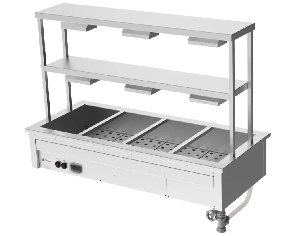 Culinaire CH.BM.D.GDD.4 4 Modules Commercial Bain Marie Benchtop with Double Gantry and Heat Lamps to Bottom Shelf Bain Marie