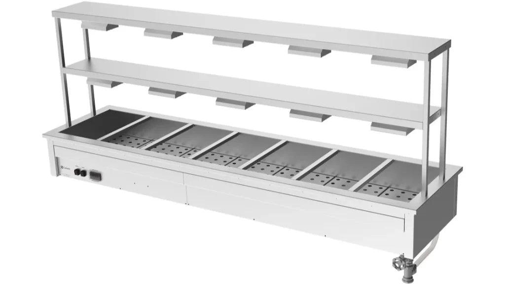 Culinaire CH.BM.D.GDD.7 7 Modules Commercial Bain Marie Benchtop with Double Gantry and Heat Lamps to Bottom Shelf Bain Marie