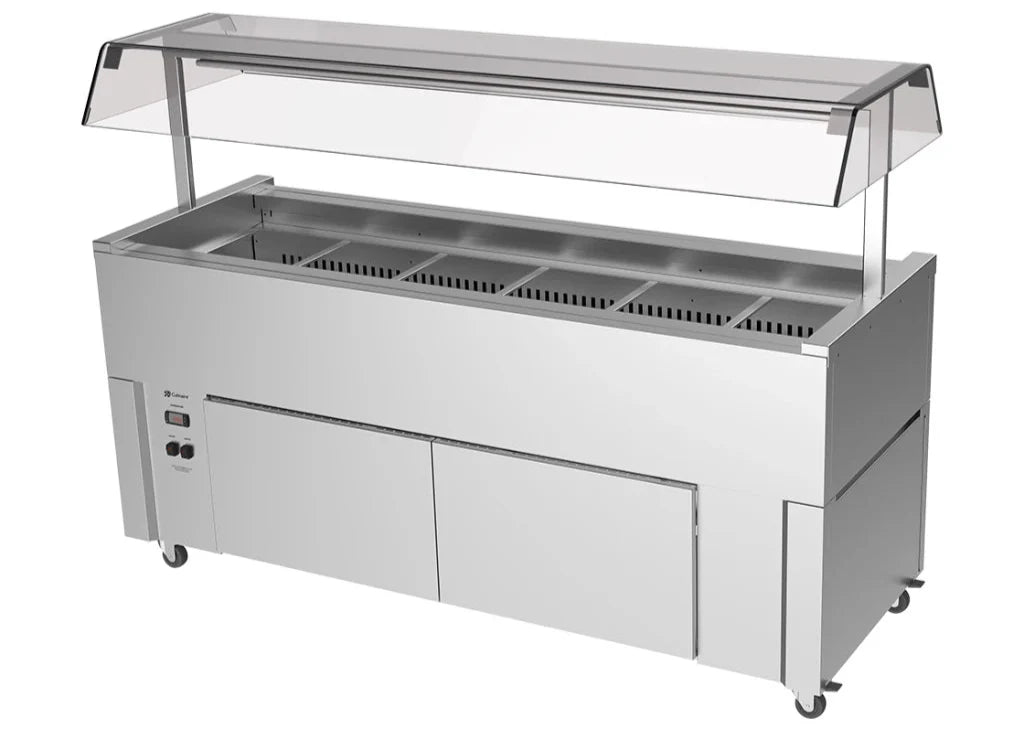 Culinaire CR.IB.CLCBF.GCP.6 6 Bay Slimline Mobile Buffet Refrigerator Island Buffet Fridge Angled Perspex Gantry Mobile Refrigerated Buffet