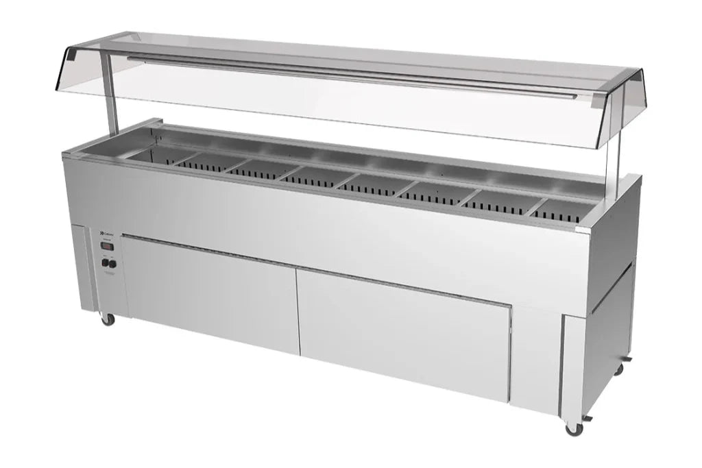 Culinaire CR.IB.CLCBF.GCP.8 8 Bay Slimline Mobile Buffet Refrigerator Island Buffet Fridge Angled Perspex Gantry Mobile Refrigerated Buffet