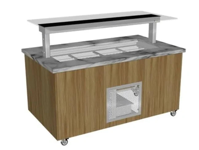 Culinaire CR.IBGJ.CWCF.U.GSF.4 4 Bay Stone Top & Joinery Panels Flat Glass Gantry Mobile Refrigerated Island Buffet Fridge
