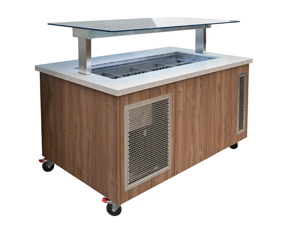 Culinaire CR.IBSJ.CWCF.U.GSF.4 4 Bay S/S Top & Joinery Panels Flat Glass Gantry Mobile Refrigerated Island Buffet Fridge