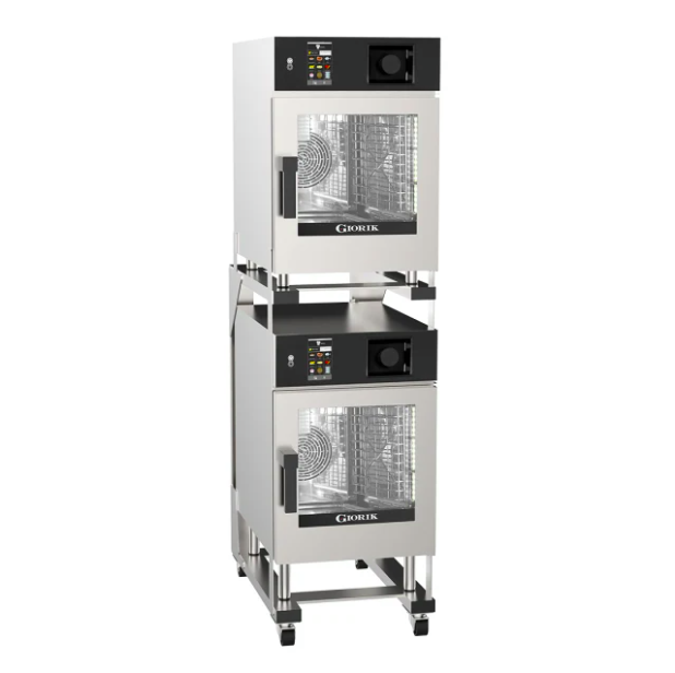 Giorik KMEST.23.0606.L.SF.H Mini Touch 6 on 6 x 2/3 GN Electric Stacked Combi Oven with Recirculating Ventless Hood and Standard Filter and Left Hand Hinge Door Combi Oven