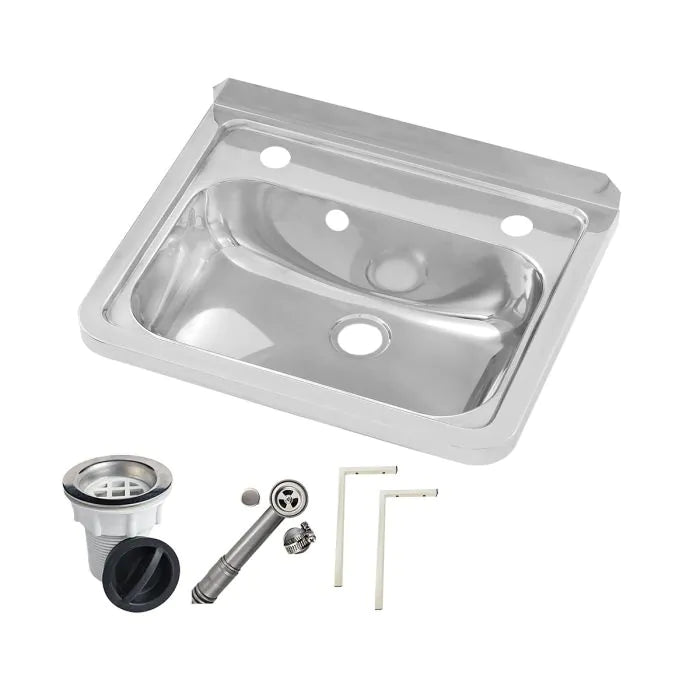 3monkeez AB-HB2-OF Wall Mounted Hand Basin I 2 Tap Hole I Inc Wall Brackets, Overflow Kit & Plug & Waste