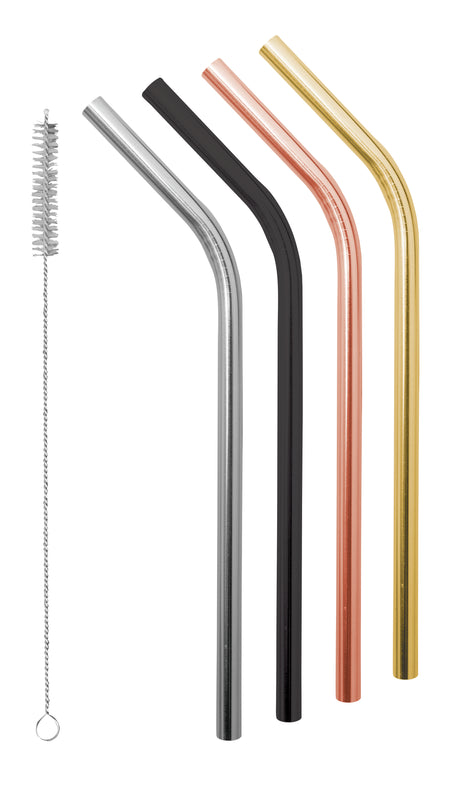 Smoothie Stainless Steel Straws with Cleaning Brush, Set of 4 - Precious Metals - 14902