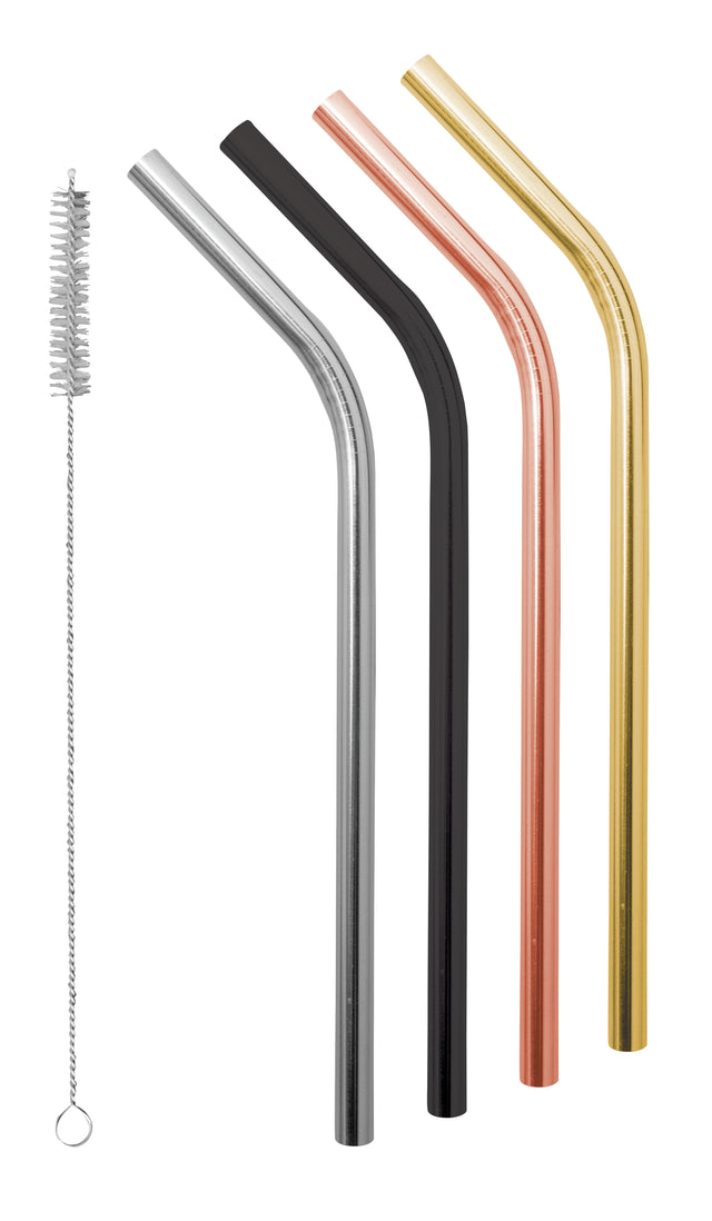Smoothie Stainless Steel Straws with Cleaning Brush, Set of 4 - Precious Metals - 14902