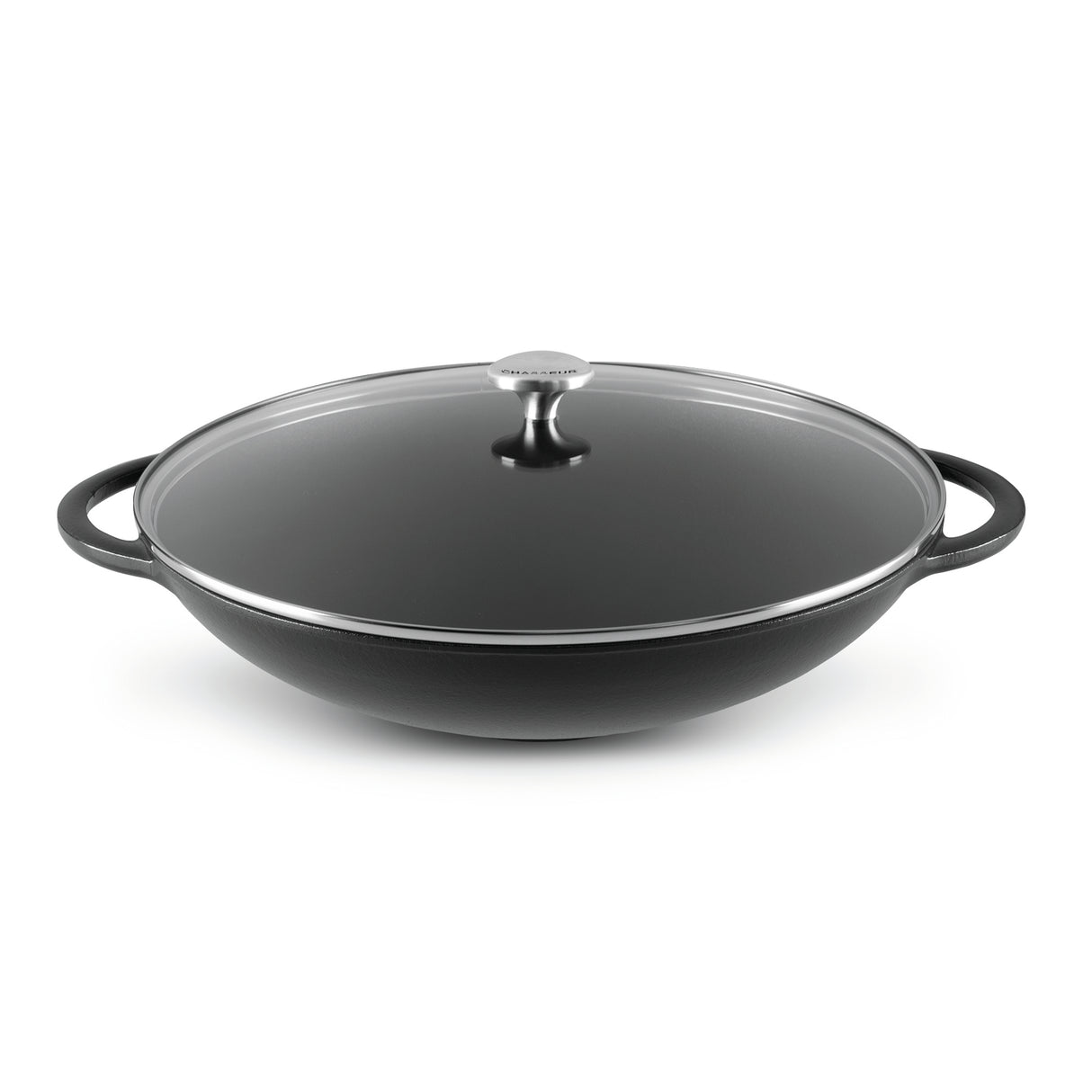 Wok 37cm/4.5 Litre with Glass Lid, Wooden Tongs, Chopsticks & S/S Grid Matte Black - 19158