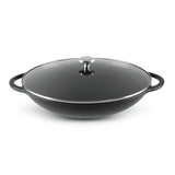 Wok 37cm/4.5 Litre with Glass Lid, Wooden Tongs, Chopsticks & S/S Grid Matte Black - 19158