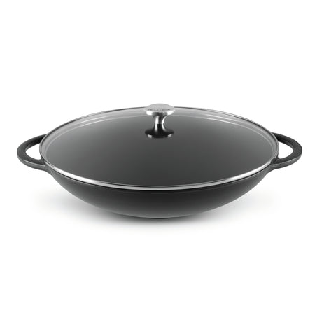 Wok 37cm/4.5 Litre with Glass Lid, Wooden Tongs, Chopsticks & S/S Grid Matte Black - 19158