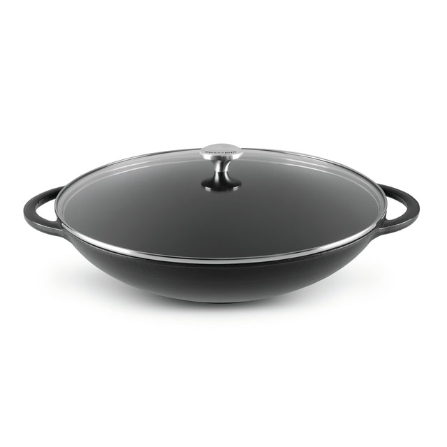 Wok 37cm/4.5 Litre with Glass Lid, Wooden Tongs, Chopsticks & S/S Grid Matte Black - 19158