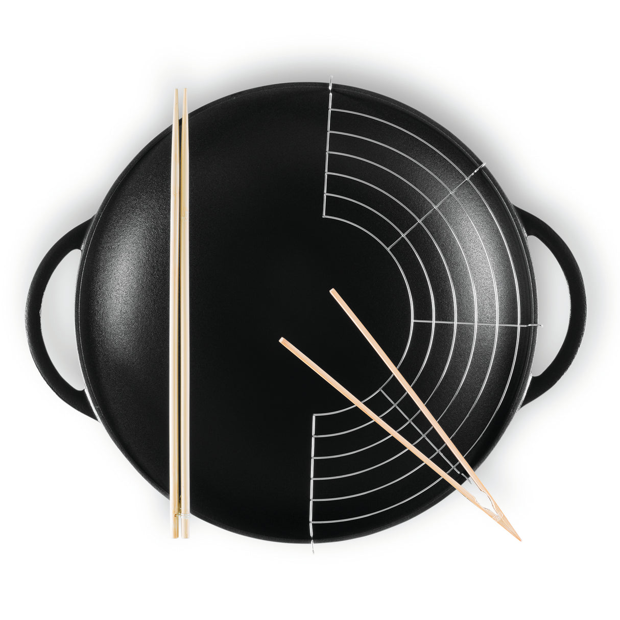 Wok 37cm/4.5 Litre with Glass Lid, Wooden Tongs, Chopsticks & S/S Grid Matte Black - 19158 (4)