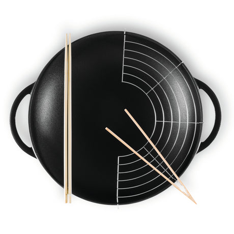 Wok 37cm/4.5 Litre with Glass Lid, Wooden Tongs, Chopsticks & S/S Grid Matte Black - 19158 (4)