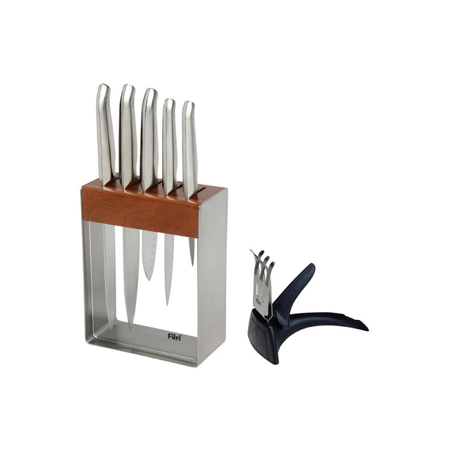 27113 - Furi-Clear/Wood/Steel 7Pc Block Set W/Sharp 9/15/13/20x2Cm (Sold in sets of 2)