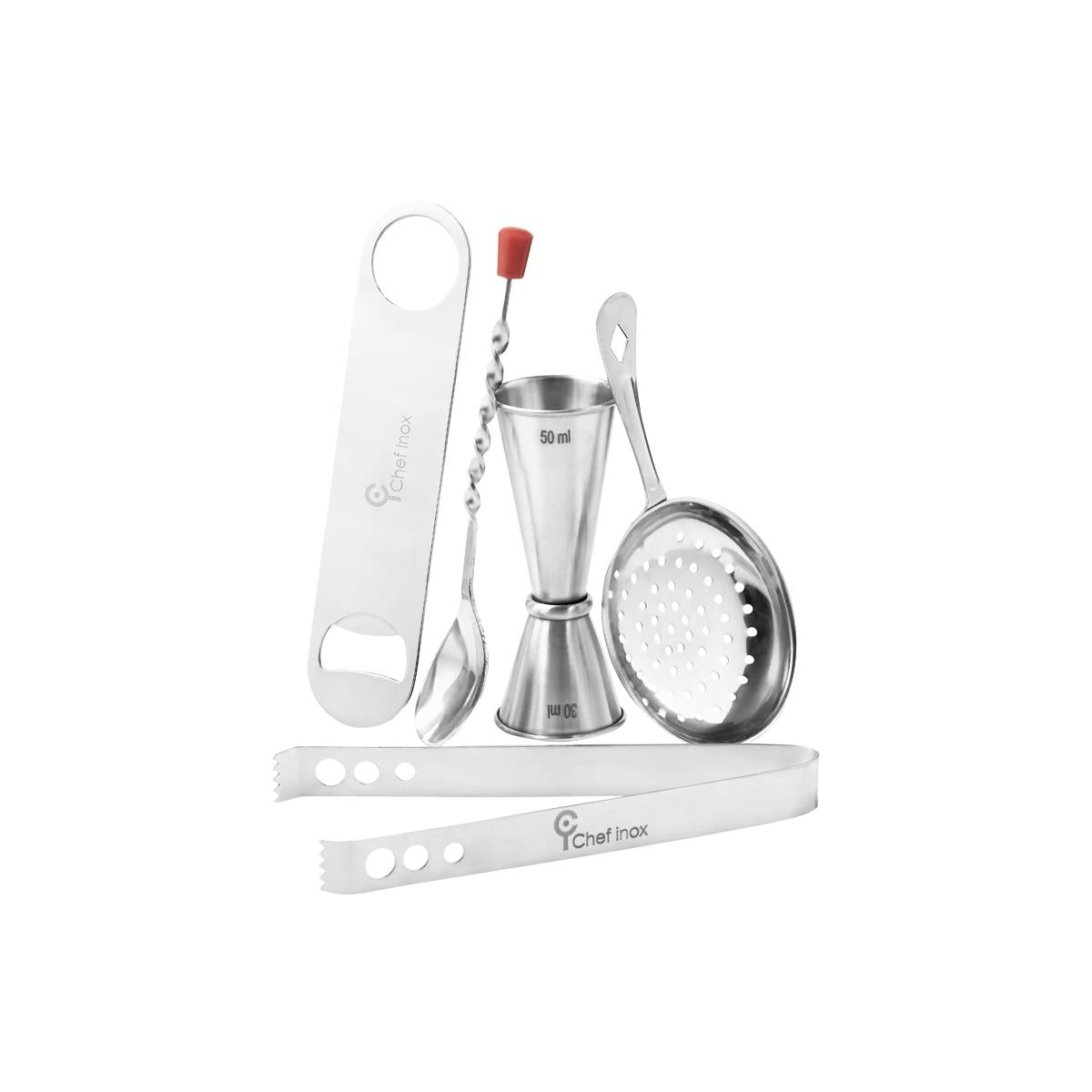 Chef Inox Bar Set 5Pc Tong,Jigger,Strainer,Opener,Spoon S/S Set of 6 (Sold in sets of 6)