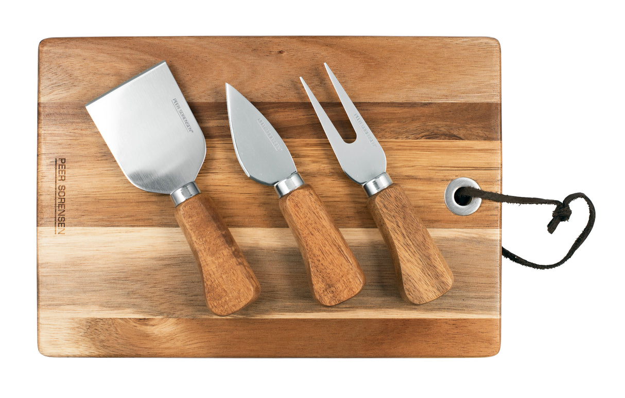 74579 - Rectangular Cheese / Serving Board with 3 Cheese Knives , 24.5 x 17 x 1.5cm Acacia