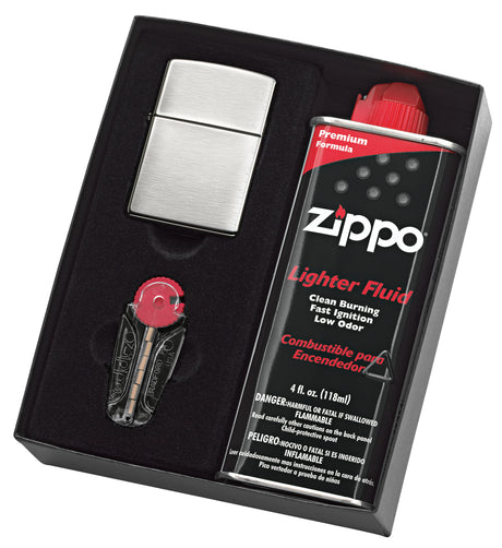 Zippo Brushed Chrome Lighter with Fluid and Flints - 90200gp