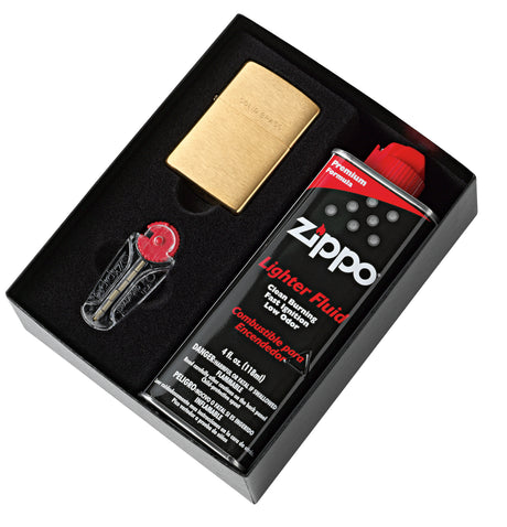 Zippo Brushed Brass Lighter with Fluid and Flints - 90204gp