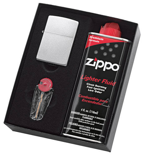 Zippo Satin Chrome Lighter with Fluid and Flints - 90207gp