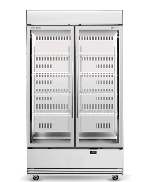 Skope BME1200N-AC | 2 Glass Door Display | Storage Fridge | with Lit Sign | Bottom Mount | Upright Fridge | Display Fridge | Commercial Upright Fridge