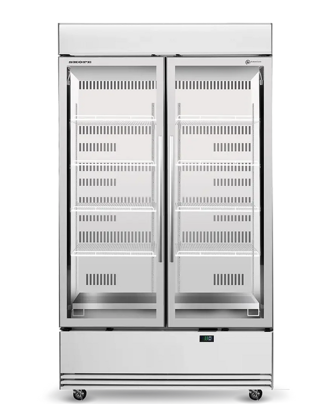 Skope BME1200N-AC | 2 Glass Door Display | Storage Fridge | with Lit Sign | Bottom Mount | Upright Fridge | Display Fridge | Commercial Upright Fridge
