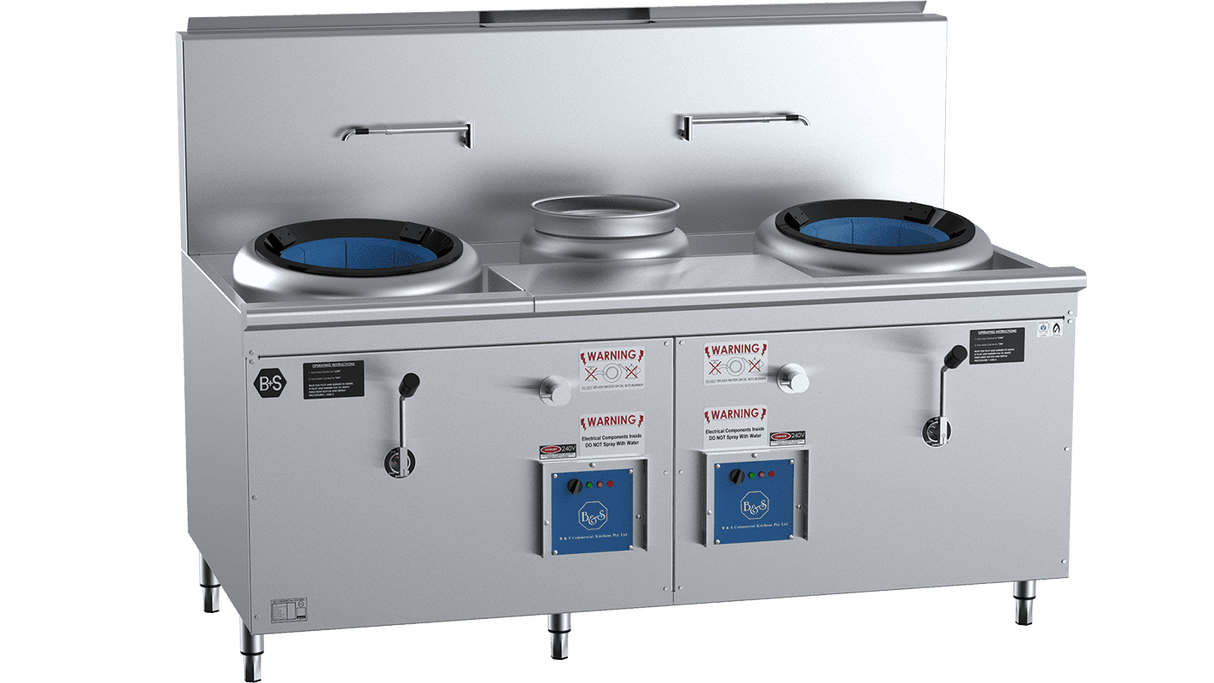 B+S Black Series CCF-HP2+1 Double Hole Hi Pac Wok with Centre Pot and Prep Table