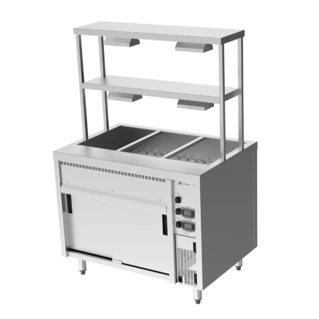 Culinaire CH.BMH.I.GDD.3 Island Bain Marie 3 Module with Double Gantry and Heat Lamps to Bottom Shelf Bain Marie
