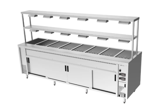 Culinaire CH.BMH.I.GDD.8 Island Bain Marie 8 Module with Double Gantry and Heat Lamps to Bottom Shelf Bain Marie