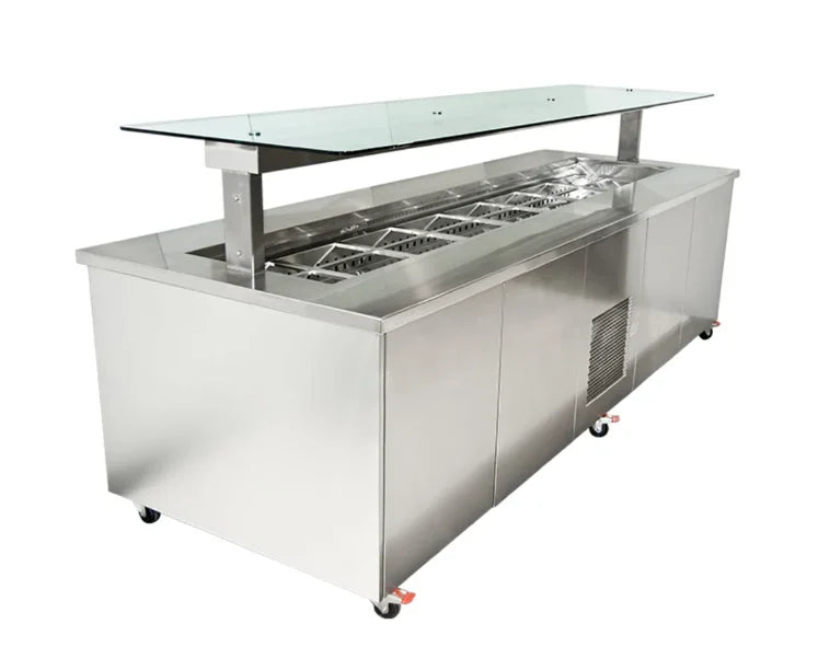 Culinaire CR.IBSS.CWCF.U.GSF.6 6 Bay S/S Top & Panels Flat Glass Gantry Mobile Refrigerated Island Buffet Fridge