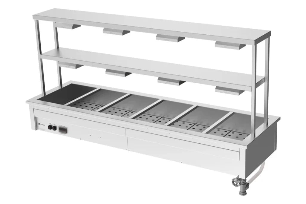 Culinaire CH.BM.D.GDB.6 6 Module Drop In Commercial Bain Marie Benchtop with Double Gantry and Heat Lamps Bain Marie