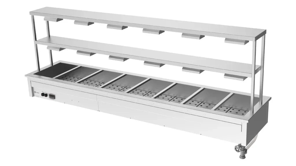 Culinaire CH.BM.D.GDD.8 8 Modules Commercial Bain Marie Benchtop with Double Gantry and Heat Lamps to Bottom Shelf Bain Marie