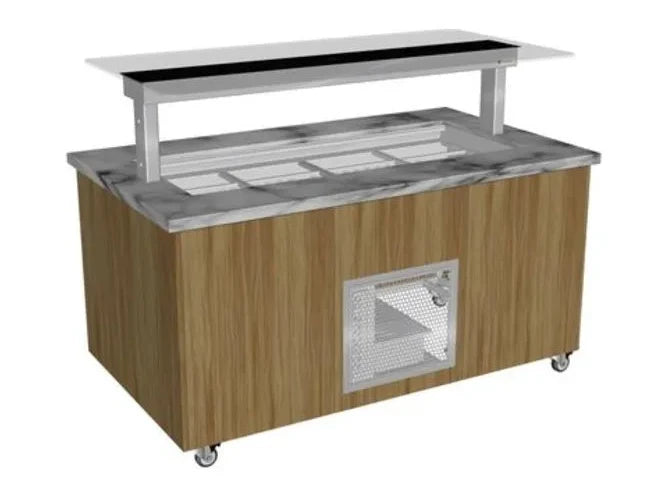 Culinaire CR.IBGJ.CWCF.U.GSF.8 8 Bay Stone Top & Joinery Panels Flat Glass Gantry Mobile Refrigerated Island Buffet Fridge