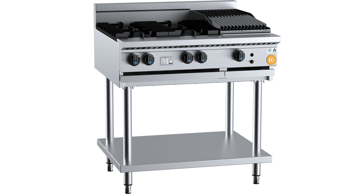 K+ Series KBT-SB4-CBR3 Combination Four Open Burners & 300mm Char Broiler On Stand