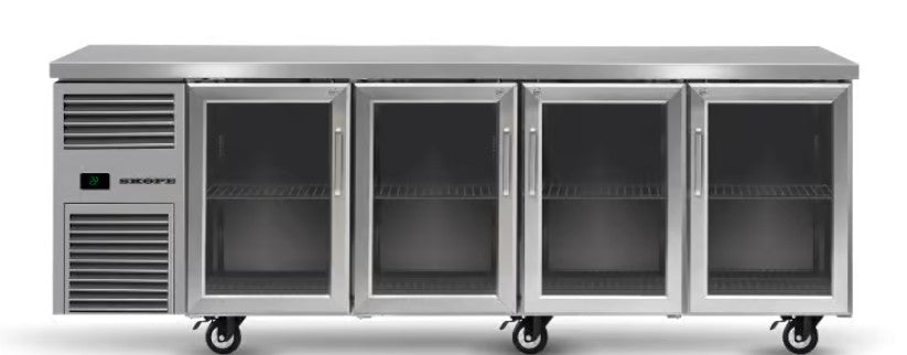 Skope BB.4.GSL.r-SS | BackBar | 4 Glass Sliding Door| Remote | Fridge | Display Fridge | Commercial Under Bench Fridge