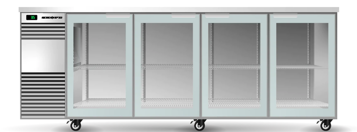 Skope BB.4.GSW-SS | BackBar | 4 Glass Swing Door Fridge| Fridge | Display Fridge | Commercial Under Bench Fridge