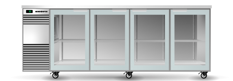 Skope BB.4.GSW.T-SS | BackBar | 4 Glass Swing Door Fridge | Tropical | Fridge | Display Fridge | Commercial Under Bench Fridge