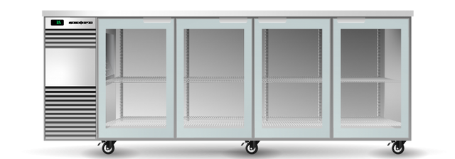 Skope BB.4.GSW.T-SS | BackBar | 4 Glass Swing Door Fridge | Tropical | Fridge | Display Fridge | Commercial Under Bench Fridge