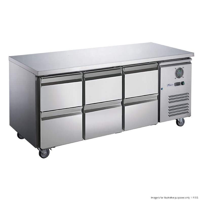 FED-X XUB7C18S3D | Stainless Steel Six-Door Bench Fridge with Drawers